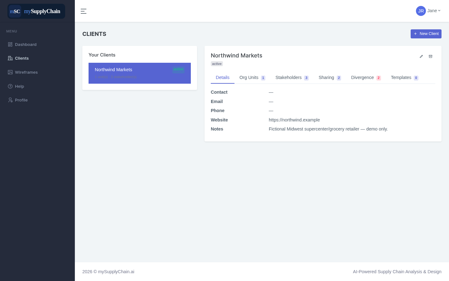 Client control tower: client, org units, stakeholders
