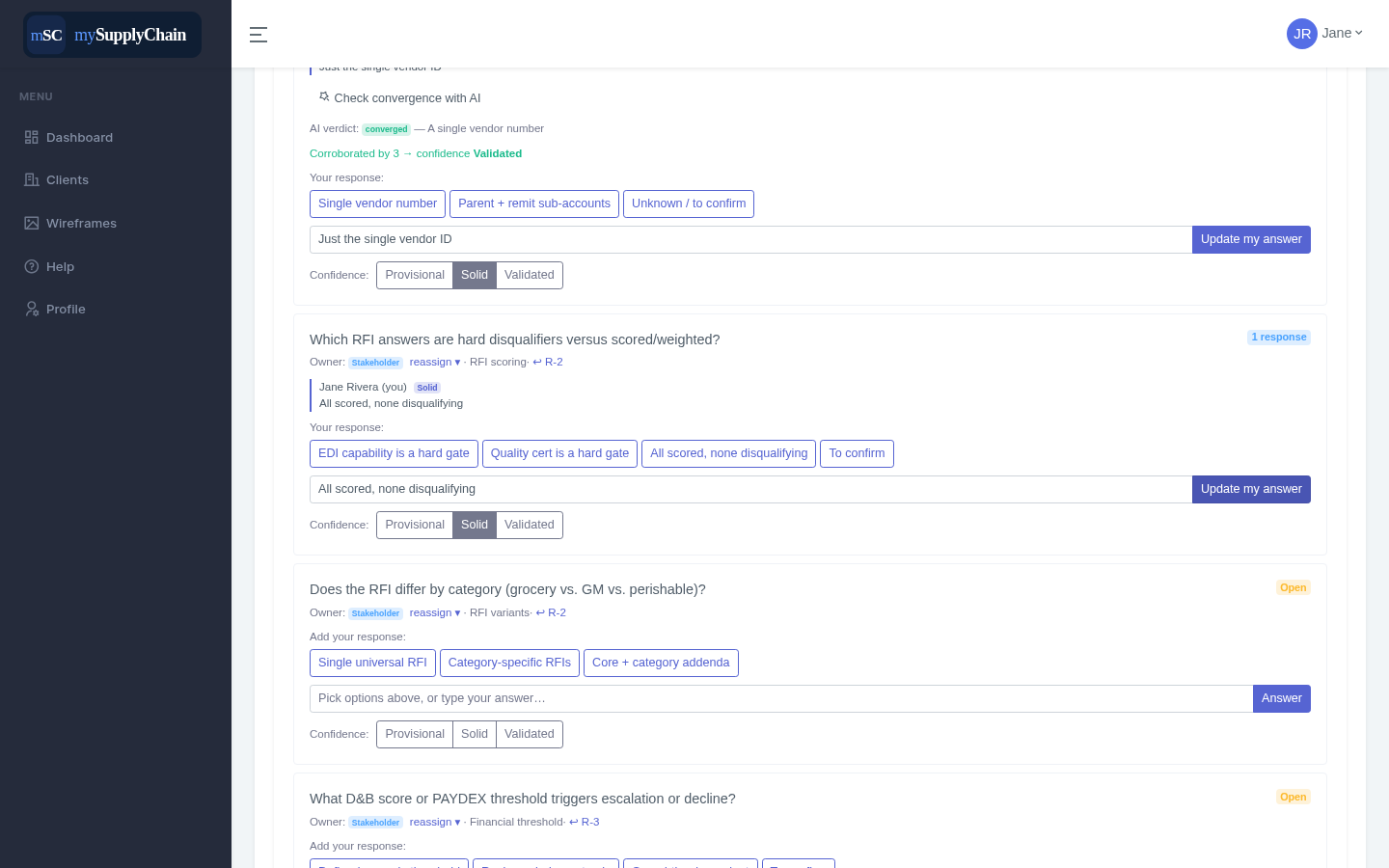 Questions tab with routing and confidence levels